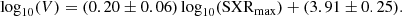 $$ \begin{aligned} \log _{10}(V) = (0.20 \pm 0.06) \log _{10}(\mathrm{SXR}_{\rm max}) + (3.91 \pm 0.25). \end{aligned} $$