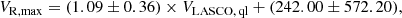$$ \begin{aligned}&V_{\rm R,max} = (1.09 \pm 0.36) \times V_{\rm LASCO,\,ql} + (242.00 \pm 572.20) ,\end{aligned} $$