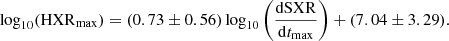 $$ \begin{aligned} \log _{10}(\mathrm{HXR}_{\rm max}) = (0.73 \pm 0.56) \log _{10}\left(\frac{\mathrm{dSXR}}{\mathrm{d}t_{\rm max}}\right) + (7.04 \pm 3.29). \end{aligned} $$