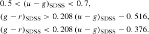 $$ \begin{aligned}&0.5 < (u - g)_{\rm SDSS} < 0.7,\\&(g - r)_{\rm SDSS} > 0.208\,(u-g)_{\rm SDSS} - 0.516,\\&(g - r)_{\rm SDSS} < 0.208\,(u-g)_{\rm SDSS} - 0.376. \end{aligned} $$
