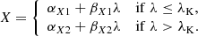 $$ \begin{aligned} X = {\left\{ \begin{array}{ll} \alpha _{X1} + \beta _{X1}\lambda&\mathrm{if}\; \lambda \le \lambda _{\rm K},\\ \alpha _{X2} + \beta _{X2}\lambda&\mathrm{if}\; \lambda > \lambda _{\rm K}. \end{array}\right.} \end{aligned} $$