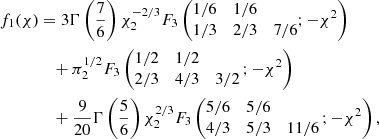 $$ \begin{aligned} f_1(\chi )&= 3\Gamma \left(\frac{7}{6}\right)\chi ^{-2/3}_2F_3 \left(\begin{matrix} 1/6&1/6&\\ 1/3&2/3&7/6 \end{matrix} ;-\chi ^2 \right)\nonumber \\&\quad +\pi ^{1/2}_2F_3 \left(\begin{matrix} 1/2&1/2&\\ 2/3&4/3&3/2 \end{matrix} \,;-\chi ^2 \right)\nonumber \\&\quad +\frac{9}{20}\Gamma \left(\frac{5}{6}\right)\chi ^{2/3}_2F_3 \left(\begin{matrix} 5/6&5/6&\\ 4/3&5/3&11/6 \end{matrix} \,;-\chi ^2 \right), \end{aligned} $$