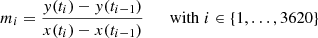 $$ \begin{aligned} m_i = \frac{y(t_i) - y(t_{i-1})}{x(t_i) - x(t_{i-1})} \qquad \mathrm{with}\; i\in \left\{ 1,\ldots ,3620 \right\} \end{aligned} $$