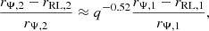 $$ \begin{aligned} \frac{r_{\Psi , 2} - r_{\rm RL, 2}}{r_{\Psi , 2}} \approx q^{-0.52} \frac{r_{\Psi , 1} - r_{\rm RL, 1}}{r_{\Psi , 1}}, \end{aligned} $$