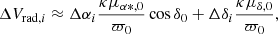 $$ \begin{aligned}&\Delta V_{\mathrm{rad} , i} \approx \Delta \alpha _{i} \frac{\kappa \mu _{\alpha *, 0}}{\varpi _{0}} \cos \delta _{0}+\Delta \delta _{i} \frac{\kappa \mu _{\delta , 0}}{\varpi _{0}}, \end{aligned} $$