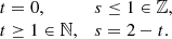 $$ \begin{aligned} \begin{array}{ll} t = 0, \qquad&s \le 1 \in \mathbb{Z} , \\ t \ge 1 \in \mathbb{N} , \qquad&s = 2 - t. \end{array} \end{aligned} $$