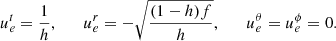 $$ \begin{aligned} u^t_e = \frac{1}{h}, \qquad u^r_e = - \sqrt{\frac{(1-h) f}{h}}, \qquad u^\theta _e = u^\phi _e = 0. \end{aligned} $$
