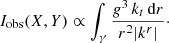 $$ \begin{aligned} I_{\rm obs}(X,Y) \propto \int _\gamma \frac{g^3 \, k_t \, \mathrm{d}r}{r^2 |k^r|}\cdot \end{aligned} $$