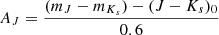 $$ \begin{aligned} A_J = \frac{(m_J-m_{K_s})-(J - K_s)_0}{0.6} \end{aligned} $$