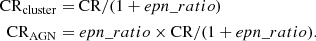 $$ \begin{aligned} \mathrm{CR}_{\mathrm{cluster} }&= \mathrm{CR}/(1+epn\_ratio )\nonumber \\ \mathrm{CR}_{\mathrm{AGN} }&= epn\_ratio \times \mathrm{CR}/(1+epn\_ratio ). \end{aligned} $$