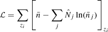 $$ \begin{aligned} \mathcal{L} = \sum _{z_i} \left[\bar{n} - \sum _j \hat{N}_j \ln (\bar{n}_j)\right]_{z_i} \end{aligned} $$