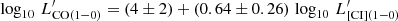 $ \log_{10}\,L^\prime_{{\rm CO(1-0)}} = (4 \pm 2)+(0.64\pm0.26)\, \log_{10}\,L^\prime_{{\rm [CI](1-0)}} $