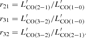 $$ \begin{aligned} \begin{aligned} r_{21}&= L^{\prime }_{\mathrm{CO(2-1)} }/L^{\prime }_{\mathrm{CO(1-0)} }\\ r_{31}&= L^{\prime }_{\mathrm{CO(3-2)} }/L^{\prime }_{\mathrm{CO(1-0)} }\\ r_{32}&= L^{\prime }_{\mathrm{CO(3-2)} }/L^{\prime }_{\mathrm{CO(2-1)} }. \end{aligned} \end{aligned} $$