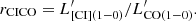 $$ \begin{aligned} r_{\mathrm{CICO} }= L^{\prime }_{\mathrm{[CI](1-0)} }/L^{\prime }_{\mathrm{CO(1-0)} }. \end{aligned} $$