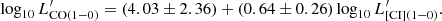 $$ \begin{aligned} \mathrm{log}_{10}\,L^\prime _{\mathrm{CO(1-0)}} = (4.03\pm 2.36)+(0.64\pm 0.26)\, \mathrm{log}_{10}\,L^\prime _{\mathrm{[CI](1-0)}}. \end{aligned} $$
