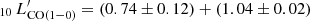 $ _{10}\,L^\prime_{{\rm CO(1-0)}} = (0.74\pm0.12)+(1.04\pm0.02) $
