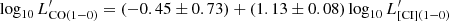 $ {\rm log}_{10}\,L^\prime_{{\rm CO(1-0)}} = (-0.45\pm0.73)+(1.13\pm0.08)\, {\rm log}_{10}\,L^\prime_{{\rm [CI](1-0)}} $