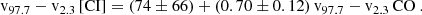$$ \begin{aligned} {\mathrm{ v}_{97.7}}-{\mathrm{ v}_{2.3}}\,\mathrm{[CI]} = (74\pm 66) + (0.70\pm 0.12)\,{\mathrm{ v}_{97.7}}-{\mathrm{ v}_{2.3}}\,\mathrm{CO}~. \end{aligned} $$