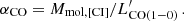 $$ \begin{aligned} \alpha _{\mathrm{CO}} = M_{\mathrm{mol,[CI]}}/L^\prime _{\mathrm{CO(1-0)}}\,. \end{aligned} $$