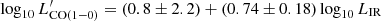 $ \log_{10} L^\prime_{\rm CO(1-0)}=(0.8\pm2.2)+(0.74\pm0.18)\log_{10} L_{\rm IR} $