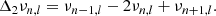 $$ \begin{aligned} \Delta _2\nu _{n,l}= \nu _{n-1,l}-2\nu _{n,l}+\nu _{n+1,l} .\end{aligned} $$