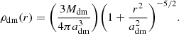 $$ \begin{aligned} \rho _{\rm dm}(r) = \Bigg (\frac{3M_{\rm dm}}{4\pi a_{\rm dm}^3}\Bigg )\Bigg (1 + \frac{r^2}{a_{\rm dm}^2}\Bigg )^{-5/2} .\end{aligned} $$
