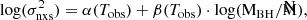 $$ \begin{aligned} \log (\sigma ^2_{\rm nxs}) = \alpha (T_{\rm obs}) +\beta (T_{\rm obs})\cdot \mathrm{\log (M_{\rm BH}/\bar{\rm M})}, \end{aligned} $$