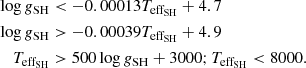 $$ \begin{aligned} \log {g}_{\rm SH}&< -0.00013 T_{\rm eff_{SH}}+4.7\nonumber \\ \log {g}_{\rm SH}&> -0.00039 T_{\rm eff_{SH}}+4.9\nonumber \\ T_{\rm eff_{SH}}&> 500\log {g}_{\rm SH}+3000; T_{\rm eff_{SH}} < 8000. \end{aligned} $$