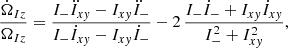 $$ \begin{aligned} {\dot{\Omega }_{Iz} \over \Omega _{Iz}} = { I_{-} \ddot{I}_{xy} - I_{xy} \ddot{I}_{-} \over I_{-} \dot{I}_{xy} - I_{xy} \dot{I}_{-} } - 2\, {I_{-} \dot{I}_{-} + I_{xy} \dot{I}_{xy} \over I_{-}^2 + I_{xy}^2 }, \end{aligned} $$