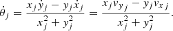 $$ \begin{aligned} \dot{\theta }_j = {x_j{\dot{y}}_j - y_j {\dot{x}}_j \over x_j^2+y_j^2} = {x_j{v_y}_j - y_j {v_x}_j \over x_j^2+y_j^2}. \end{aligned} $$