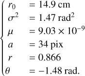 $\left\{ {\matrix{ {{r_0}\,\,\,\, = 14.9\,{\rm{cm}}} \hfill \cr {{\sigma ^2}\,\, = 1.47\,{\rm{re}}{{\rm{d}}^2}} \hfill \cr {\mu \,\,\,\, = 9.03 \times {{10}^{ - 9}}} \hfill \cr {a\,\,\,\, = 34\,{\rm{pix}}} \hfill \cr {r\,\,\,\, = 0.866} \hfill \cr {\theta \,\,\, = - 1.48\,{\rm{rad}}{\rm{.}}} \hfill \cr } } \right.$