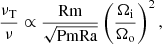 $$ \begin{aligned} \frac{\nu _{\rm T}}{\nu } \propto \frac{\mathrm{Rm}}{\sqrt{\mathrm{PmRa}}} \left(\frac{\Omega _{\rm i}}{\Omega _{\rm o}}\right)^{2}, \end{aligned} $$