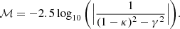 $$ \begin{aligned} \mathcal{M} = -2.5 \log _{10}\Bigg (\Big |{\frac{1}{(1-\kappa )^2 - \gamma ^2}} \Big |\Bigg ). \end{aligned} $$