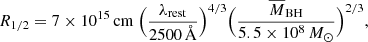 $$ \begin{aligned} R_{1/2} = 7\times 10^{15}\,\mathrm{cm}\ \Big (\frac{\lambda _{\rm rest}}{2500\,\AA } \Big )^{4/3}\Big (\frac{\overline{M}_{\rm BH}}{5.5\times 10^8\,M_\odot } \Big )^{2/3}, \end{aligned} $$