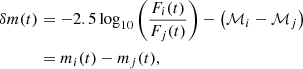$$ \begin{aligned} \delta m (t)&= -2.5 \log _{10}\Bigg (\frac{F_{i}(t)}{F_{j}(t)} \Bigg ) - \left(\mathcal{M} _{i} - \mathcal{M} _{j}\right)\nonumber \\&= m_{i}(t) - m_{j}(t), \end{aligned} $$