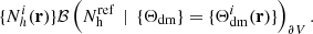 $$ \begin{aligned} \{N_{h}^{i}({\mathbf{r}})\} \mathcal{B} \left( N_{\rm h}^\mathrm{ref} \, \mid \, \{\Theta _{\rm dm}\} = \{ \Theta ^{i}_{ \mathrm {dm}}({\mathbf{r}})\} \right)_{\partial V}. \end{aligned} $$