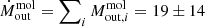 $ \dot M^{\mathrm{mol}}_{\mathrm{out}}=\sum\nolimits_{i} M^{\mathrm{mol}}_{\mathrm{out},i}=19\pm14 $