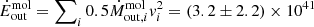 $ \dot E^{\mathrm{mol}}_{\mathrm{out}}=\sum\nolimits_{i} 0.5\dot{M}^{\mathrm{mol}}_{\mathrm{out},i}{v}_i^2=(3.2\pm2.2)\times10^{41} $