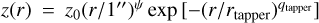 $z\left( r \right) = {z_0}{\left( {{r \mathord{\left/ {\vphantom {r {1}}} \right. \kern-\nulldelimiterspace} {1}}} \right)^\psi }\exp \left[ { - {{\left( {{r \mathord{\left/ {\vphantom {r {{r_{{\rm{tapper}}}}}}} \right. \kern-\nulldelimiterspace} {{r_{{\rm{tapper}}}}}}} \right)}^{{q_{{\rm{tapper}}}}}}} \right]$