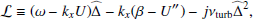 $$ \begin{aligned} \mathcal{L} \equiv (\omega - k_x U) \widehat{\Delta } - k_x (\beta - U^{\prime \prime }) - {j} {\nu _{\rm turb}} \widehat{\Delta }^2, \end{aligned} $$