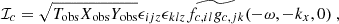 $$ \begin{aligned}&\mathcal{I} _c = \sqrt{T_{\rm obs} X_{\rm obs} Y_{\rm obs}} \epsilon _{ijz} \epsilon _{klz} \widetilde{f_{c, il} g_{c, jk}}(-\omega , -k_x, 0)~, \end{aligned} $$