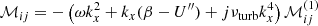 $$ \begin{aligned} \mathcal{M} _{ij} =&- \left(\omega k_x^2 + k_x(\beta - U^{\prime \prime }) + {j} {\nu _{\rm turb}} k_x^4 \right) \mathcal{M} _{ij}^{(1)} \end{aligned} $$