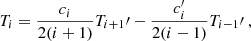 $$ \begin{aligned} T_i = \dfrac{c_i}{2(i+1)}T_{i+1}\prime - \dfrac{c_i^{\prime }}{2(i-1)}T_{i-1}\prime ~, \end{aligned} $$