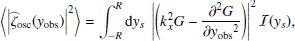 $$ \begin{aligned} \left\langle \left| {\widehat{\zeta }_{\rm osc}}({{ y}_{\rm obs}}) \right|^2 \right\rangle&= \displaystyle \int _{-R}^R \mathrm{d} { y}_s ~ \left| \left(k_x^2 G - \dfrac{\partial ^2 G}{\partial {{ y}_{\rm obs}}^2} \right) \right|^2 \mathcal{I} ({ y}_s), \end{aligned} $$