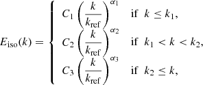 $$ \begin{aligned} {E_{\rm iso}}(k) = {\left\{ \begin{array}{ll} C_1 \left(\dfrac{k}{k_{\rm ref}}\right)^{\alpha _1}&\mathrm{if} ~~ k \le k_1, \\ C_2 \left(\dfrac{k}{k_{\rm ref}}\right)^{\alpha _2}&\mathrm{if} ~~ k_1 < k < k_2, \\ C_3 \left(\dfrac{k}{k_{\rm ref}}\right)^{\alpha _3}&\mathrm{if} ~~ k_2 \le k, \end{array}\right.} \end{aligned} $$