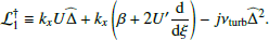 $$ \begin{aligned} \mathcal{L} _1^\dagger \equiv k_x U \widehat{\Delta } + k_x \left(\beta + 2 U^\prime \dfrac{\mathrm{d} }{\mathrm{d} \xi } \right) - {j}{\nu _{\rm turb}}\widehat{\Delta }^2. \end{aligned} $$