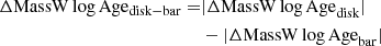 $$ \begin{aligned} \Delta \mathrm{MassW}\,\mathrm{log\,Age_{disk-bar}} =&| \Delta \mathrm{MassW}\,\mathrm{log\,Age}_{\mathrm{disk}} | \nonumber \\&- | \Delta \mathrm{MassW}\,\mathrm{log\,Age}_{\mathrm{bar}} | \end{aligned} $$