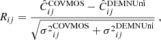$$ \begin{aligned} R_{ij} = \frac{\hat{C}_{ij}^\mathrm{COVMOS} - \hat{C}_{ij}^\mathrm{DEMNUni}}{\sqrt{{\sigma ^2}_{ij}^\mathrm{COVMOS}+{\sigma ^2}_{ij}^\mathrm{DEMNUni}}}\ , \end{aligned} $$