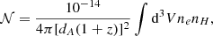 $$ {\mathcal{N} } = \frac{10^{-14}}{4\pi [d_A(1+z)]^2} \int \mathrm{d} ^3V n_e n_H, $$