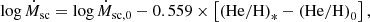$$ \begin{aligned} \log \dot{M}_{\rm sc} = \log \dot{M}_{\rm sc,0}-0.559 \times \left[\left(\mathrm{He}/\mathrm{H}\right)_*-\left(\mathrm{He}/\mathrm{H}\right)_0\right], \end{aligned} $$